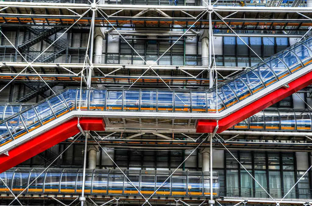 Exterior elements and staircase of the Pompidou Center in Paris