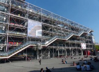 The exterior photo of the famous Brutalist building Centre George Pompidou in Paris designed by Renzo Piano and Richard Rogers