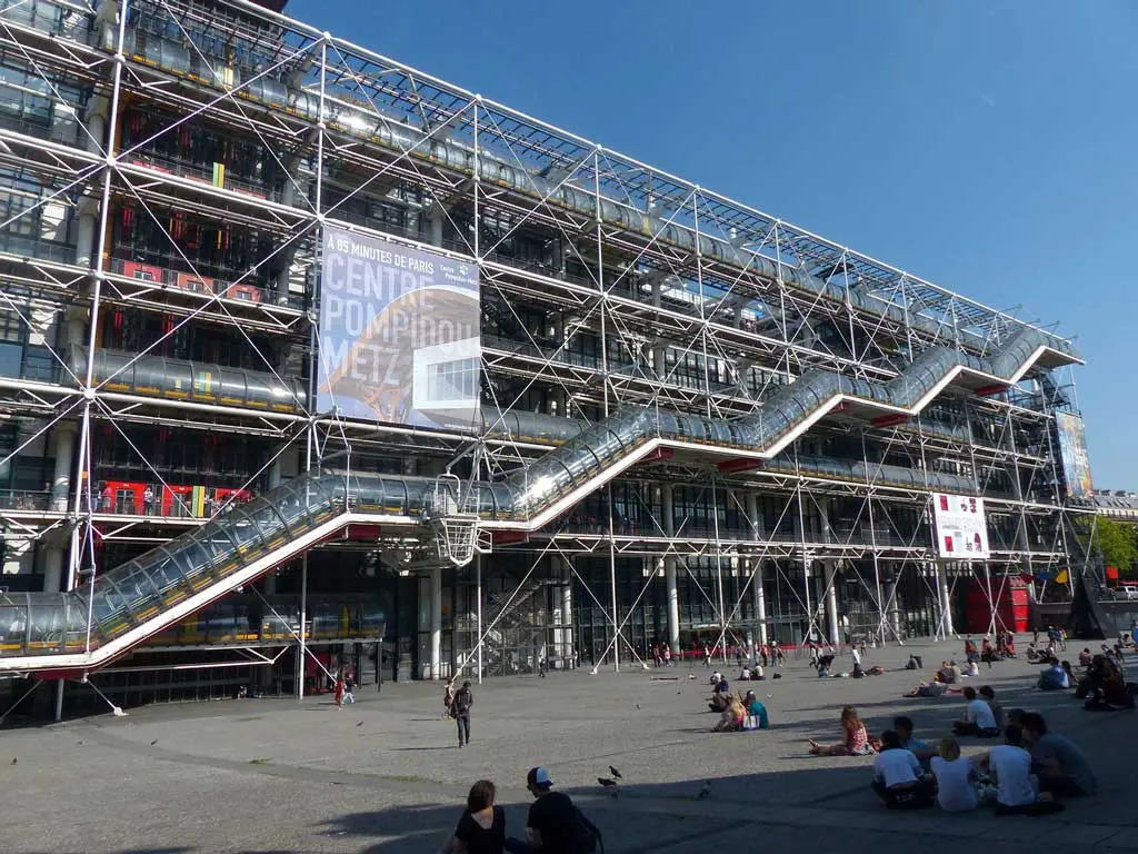 The exterior photo of the famous Brutalist building Centre George Pompidou in Paris designed by Renzo Piano and Richard Rogers