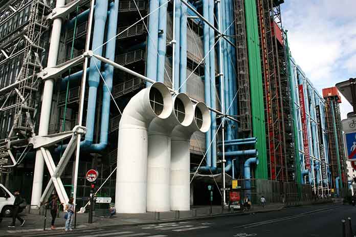 Pompidou Center, the brutalist work, designed by Renzo Piano and Richard Rogers and the ventilator pipes of the building