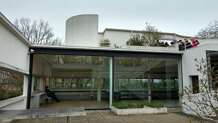 Villa Savoye of modernist architect Le Corbusier and its view from inside