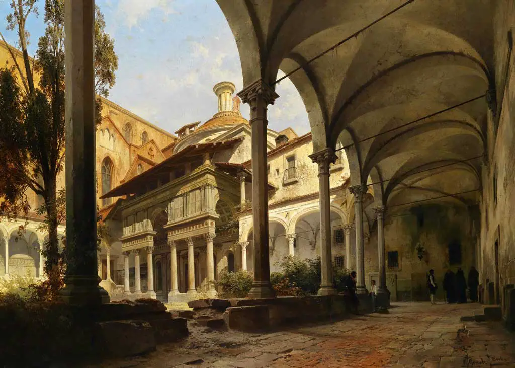 Paintings of the courtyard of the Pazzi Chapel (1858) by Carl Georg Anton Graeb
