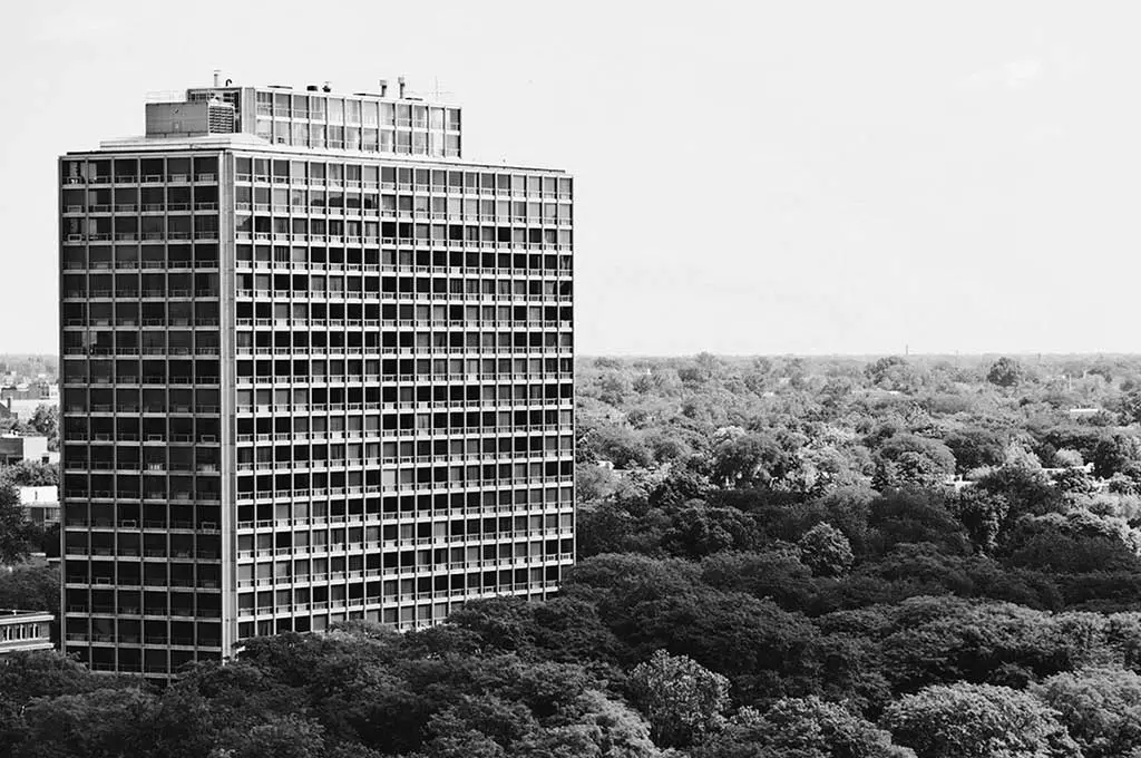 A tall building in Lafayette Park designed by Ludwig Mies van der Rohe