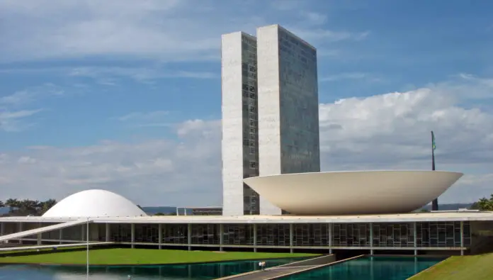 Exterior View of Brazil National Congress Building designed by famous Brazilian architect Oscar Niemeyer