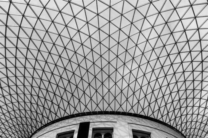 The glass and steel roof of the Great Court at the British Museum designed by Designed by Foster and Partners