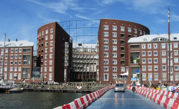 Designed by Belgian architect Bruno Albert, Barcelonaplein apartment building on KNSM-eiland.