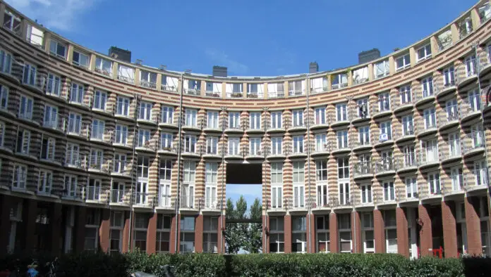 Designed by Belgian architect Bruno Albert, Barcelonaplein apartment building courtyard in Netherland.